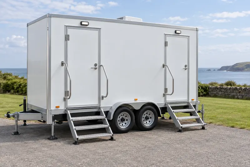 Restroom trailer with entry steps